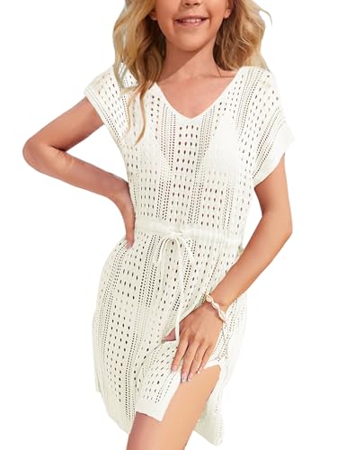 Haloumoning Girls Crochet Swim Beach Cover Up Short Sleeve Swimsuits Long Beach Dress 5-14 Years