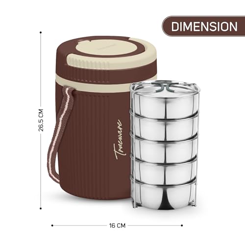 Image of Tureware Electric 5 PU Insulated 304 Grade Stainless Steel 5 Container 450ml Each Thermoware Electric Lunch Box for Man & Women Reheat Food|Convenience case or Power Cord|Inbuilt Thermostat