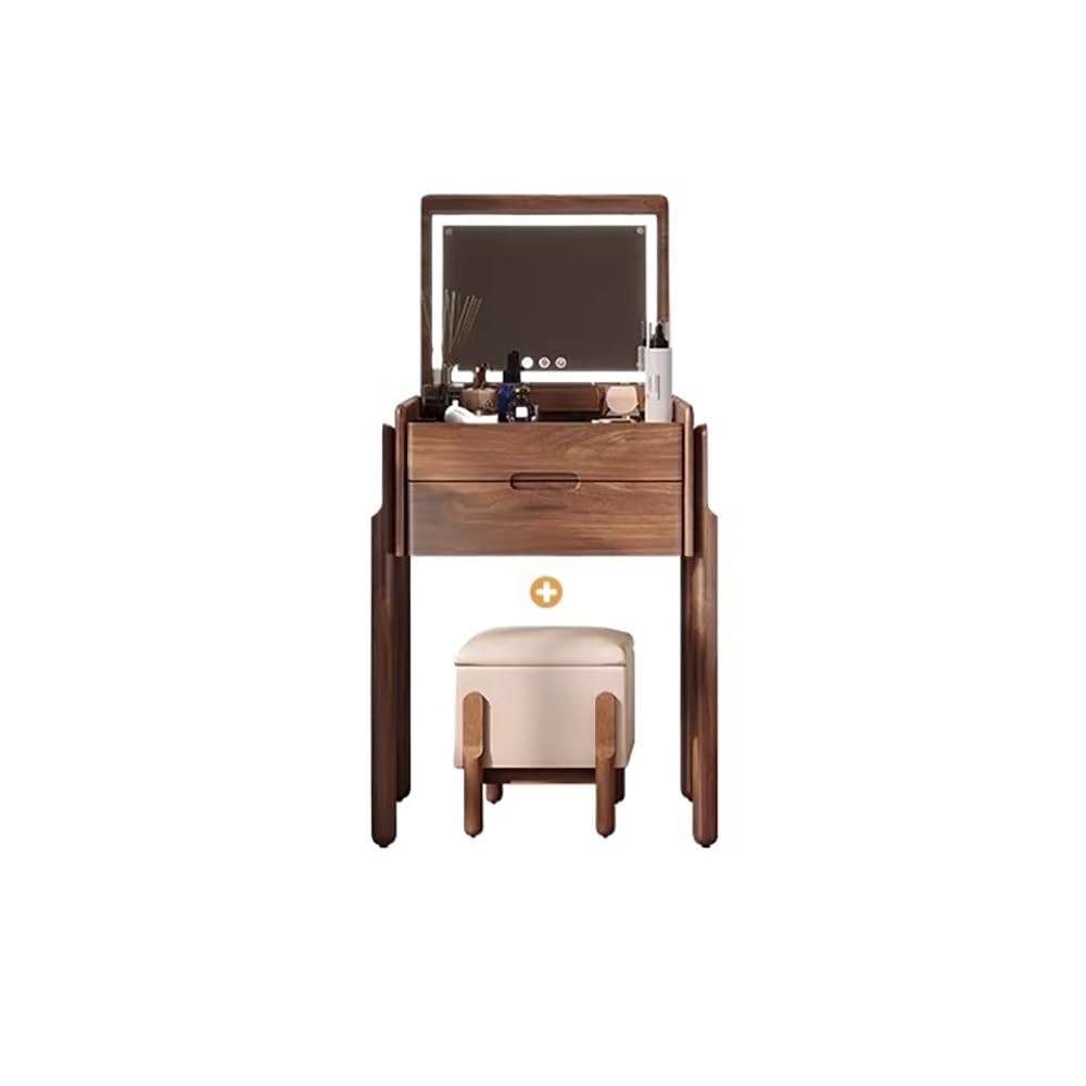 MANAFEEL Dressing Table Solid Black Walnut Vanity Table, Minimalist Bedside Desk With Flip-Top Top For Bedroom, Featuring Drawers, Stool, And Mirrored Decorative Furniture Makeup Vanity Desk