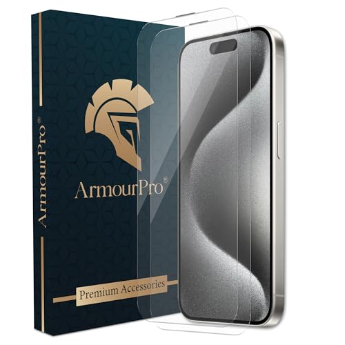 Image of ArmourPro Borderless Tempered Glass for iPhone 15 Pro (6.1 Inches) with Anti Dust Mesh Filter, 9H Hardness Shatterproof, Full Screen Coverage and with Installation Kit | Pack of 2