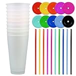 CYH 10 Pcs Reusable Plastic Tumblers with Lids & Straws - 24oz Cute Colour Changing Cups, Bulk Iced Coffee Cup Party Tumbler Set Travel Cups for Kids Adults Party Smoothie Cup Travel Mugs