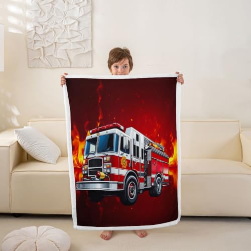 Image of Firefighter Truck Sherpa Blanket - Firemen Car Vehicle Fleece Throw for Bed, Couch, Sofa - Children Bedroom Decor Fire Engine Pattern Plush Red Fuzzy Twin 60 inchx80 inch