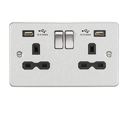 13A 2G Switched Socket with Dual USB Charger A + A (2.4A) - Brushed Chrome with Black Insert