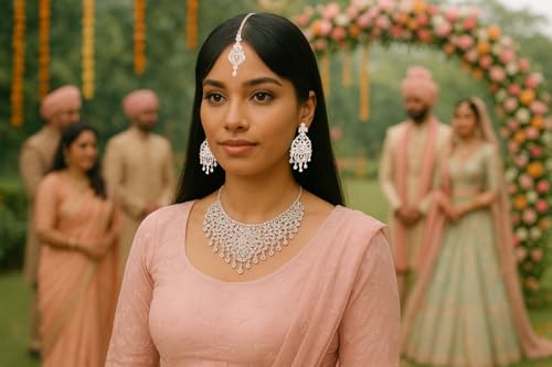 Touchstone Indian Bollywood Masterly Created Sparkling Rhinestones Studded Look Grand Bridal Jewelry Necklace Earrings Mangtika Set In Silver or White or Gold Tone For Women.4