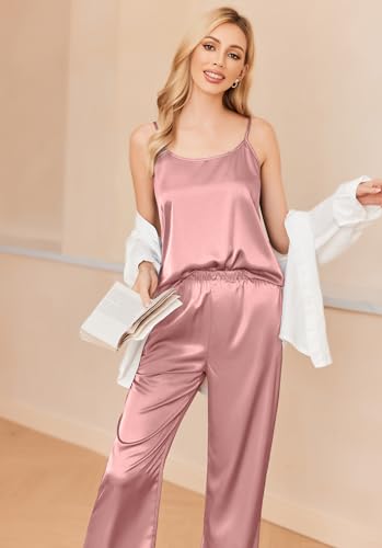Image of Ekouaer Women Silk Satin Pajamas Sleeveless Pjs Set 2 Piece Summer Loungewear Sleepwear with Pockets S-XXL