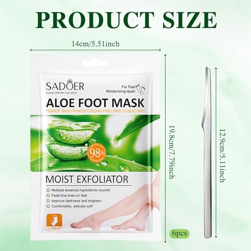 6 Pares Calcetines Exfoliantes para Pies,Mascarilla Pies Peeling, Mascarilla Hidratante para Pies, Foot Peel Mask, Cuidado Pies Secos y Agrietados,con Kit de Pedicura,Aloe Vera - imagen 2