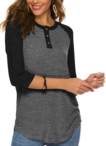 HOCOSIT Women's Raglan V Neck Summer Tops 3/4 Sleeve Ladies Button Henley Shirt Boyfriend Style Blouse4