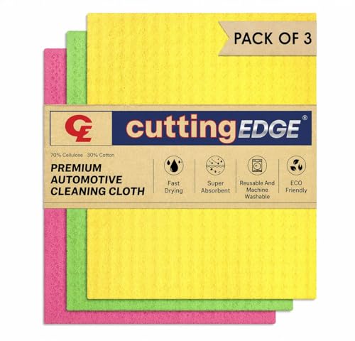 Image of Cutting EDGE Biodegradable Cellulose Sponge Wipes - 3 Pack | High Absorbent, Streak-Free Car Cleaning Wipes (Multicolor)