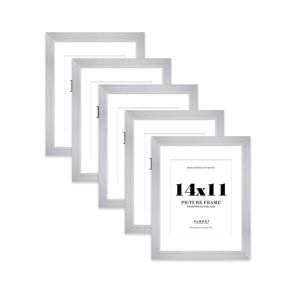 14x11" Silver Frame With Mount for 10x8" Pictures 28mm Edge Portrait and Landscape Display with Wall Hooks and Kickstand, 5 Pack