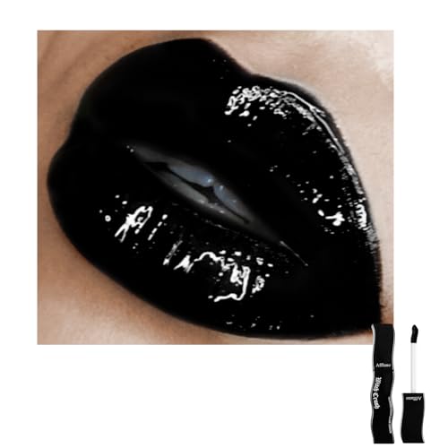 Black Liquid Lip Gloss for Women, Non-Sticky Hydrate Plumping Lip Tint Full Coverage Black Lip Color Dark Gothic Lipgloss Makeup Mirror High-Shine LipGlossy for Halloween Cosplay Costume Looks | Vegan
