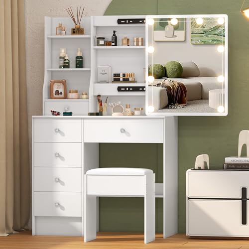 Teousev Coiffeuse avec Miroir Coulissant et Tabouret, Table de Maquillage avec Lumière Réglable, 6 Tiroirs et 6 Étagères, 36×80×131 cm, Blanc, J90139