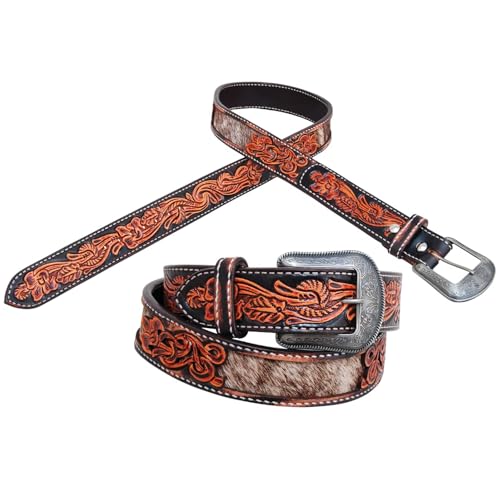Circle Y Youth's Hair on Hide 1 1/4" Wide Durable Leather Cowhide Underlay Casual Belt w/Etched Buckle & Floral Hand Tooling4