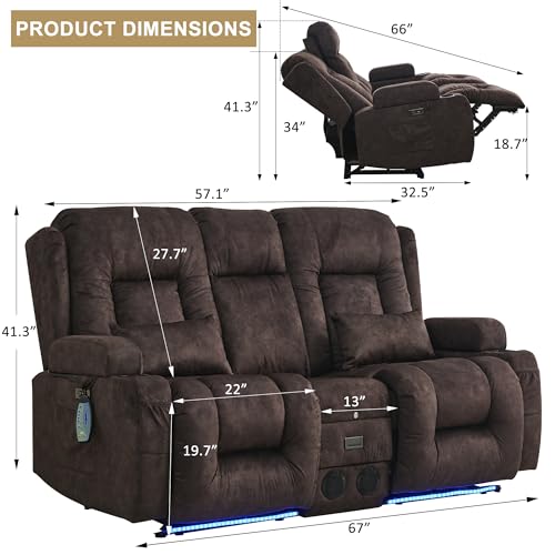 Image of URRED Power Loveseat Recliner Sofa with Massage and Heat, Wall Hugger Reclining Loveseat with Console, RV Couch Home Theater Seating with LED Lights for Living Room (Brown, 67 inch - 2 Seats)