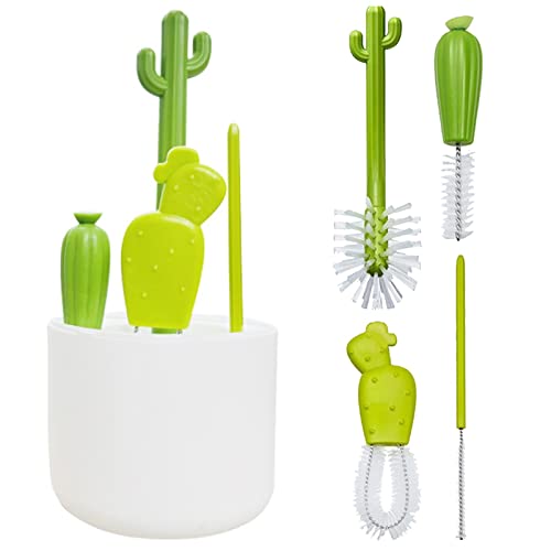 Image of Imtrub 4 Pack Bottle Brush Cleaning Set, Cartoon Cactus Baby Bottle Brush Kit, Long Handle Water Bottles Cleaner for Baby Bottles, Tumblers, Drinking Glasses, Strews