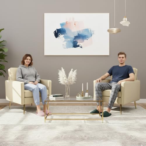 Image of VINGLI PU Leather Accent Chairs Set of 2, Mid-Century Modern Living Room Chairs with Removable Cushions, Gold Legs, Upholstered Sofa Armchair for Bedroom, Office, Apartment, Play Room