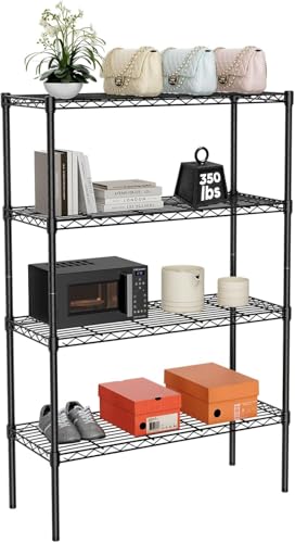 Image of Premium Heavy-Duty 4-Tier Black Metal Wire Storage Rack Shelf Organizer | Adjustable Multipurpose Freestanding Shelving Unit for Home, Office, Kitchen | Size 14 inch D x 30 inch W x 48 inch H Inch