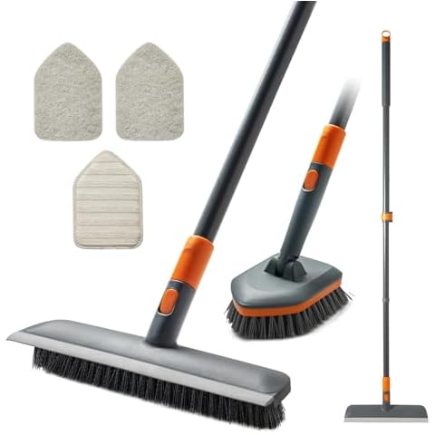 CLEANHOME Floor Scrub Brush Tile Tub Scrubber Brush with 4 Different Cleaning Heads, Shower Brush with 56” Extendable Long Handle, Scrubbers for Cleaning Kitchen, Bathroom, Tub, Tile, Wall Cover