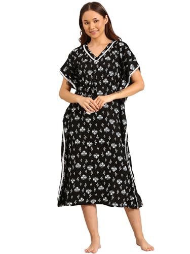 Image of Rupa Jon Aishwarya Women Full Length Printed Kaftan Nighty in Premium Cotton Blend Fabric, Night Dress, Maxi Nighty for Comfortable Everyday Wear