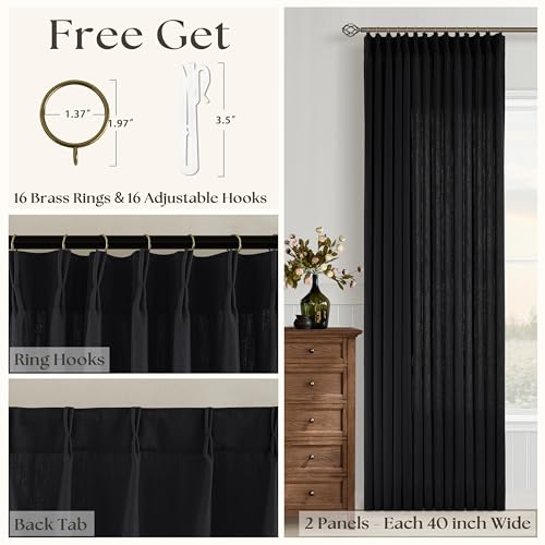 Image of Black Semi Sheer Pinch Pleated Linen Curtains 63 Inch Long for Bedroom