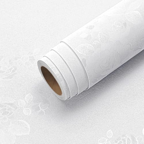 Papel tapiz blanco Livelynine de 15.8x197 pulgadas texturizado floral vinilo impermeable para mueble 5