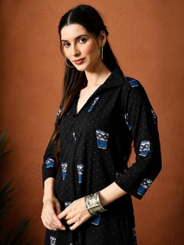 Image of Amazon Brand - Tavasya Women Ethnic Motifs Printed 3 /4th Sleeve Kurta | Straight Fit Shirt Collar Salwar | Everyday Ethnic Wear