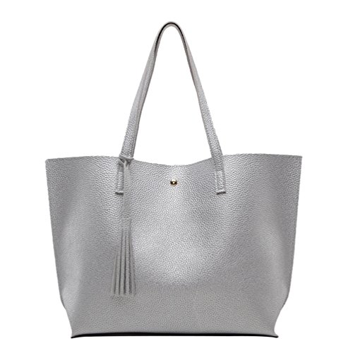 LINNUO Malas de tiracolo com borlas malas de mão de PU pele Shoppers mala de ombro de viagem de grandes mulheres (prata, 36 * 10 * 30 cm), Prata
