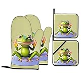 The Funny Frog Doing Yoga - Juego de guantes de horno y cubierta de sartén, juego de 4 piezas para cocina, hornear y microondas, accesorios de cocina.