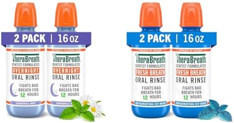 TheraBreath Overnight & Fresh Breath Mouthwash Bundle, Chamomile Mint & ICY Mint Flavors, 2 Packs of 16 fl oz, Fights Bad Breath 12 & 24 Hours