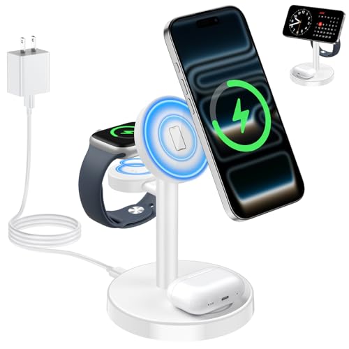 Image of Aeinidi 2026 3 in 1 Wireless Charging Station Compatible with MagSafe, 15W Fast Magnetic Mag-Safe Charger Stand for Apple iPhone 17 16 15 14 13 12 Series iWatch AirPods Pro 4 3 2, White