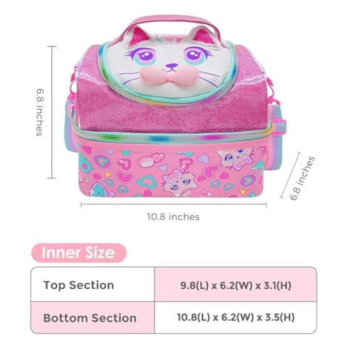 Image of Kids Double Decker Cooler Insulated Lunch Bag Large Tote for Boys, Girls, Men, Women, with Adjustable Strap (DBL-BAG-KITTY-01)
