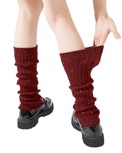 Yawlsow Women's Leg Warmers for Girls with Sequins (Red, One Size)