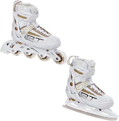 RAVEN Profession 2in1 Schlittschuhe Inlineskates Inliner für Kinder und Erwachsene verstellbar (White/Gold 35-39 (23cm-25 5cm))