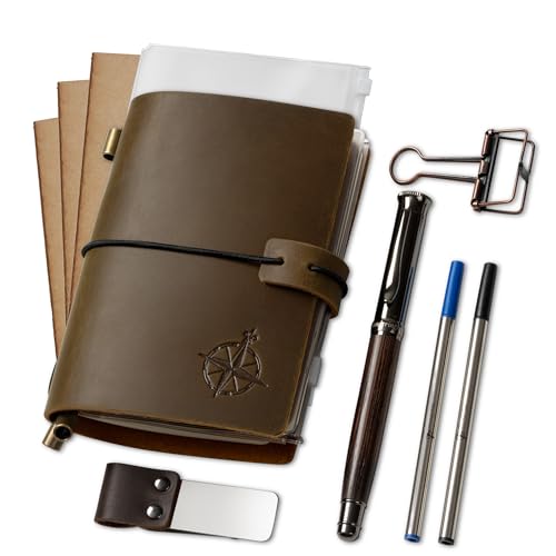 Wanderings Cuaderno de Bolsillo - 4'x5,1'/ 10x13 cm - Cuaderno de Viaje Recargable - Incluye un Portabolígrafos con Bolígrafo y 2 Recargas de Tinta Adicionales, una Carpeta de PVC y un Clip de Carpeta