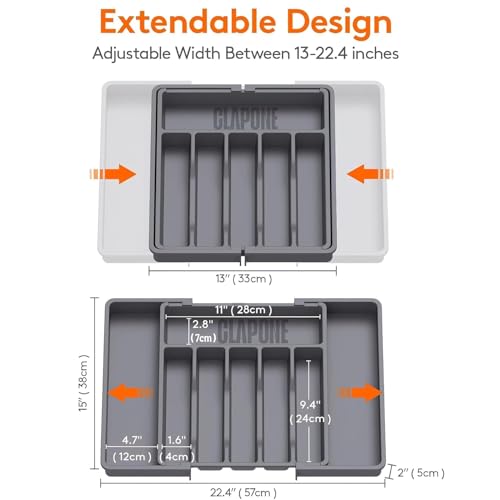 Image of CLAPONE Drawer Organizer Tray /Kitchen Expandable Utensil Tray /Adjustable Utensil Organizer /Cutlery Silverware Flatware Holder /Divider for Spoons Forks Knives Tablewar - Grey, 1PCS