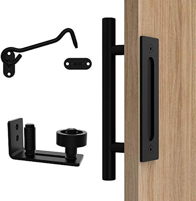 Orgerphy Black 12 Inch Barn Door Handle with Latch and Adjustable Floor Guide Kit | Heavy Duty for All Sliding Barn Door | Flat Bottom Easy to Install | 8 Setup Options for DIYers …
