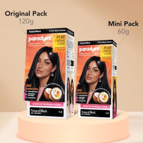 Image of Paradyes Pure Creme Care No Ammonia Hair Color Natural Black 1.0 | Long-Lasting Creme Formula | Grey Coverage | Coconut Milk + Almond Oil + Hyaluronic Complex | Smooth & Shiny Finish | 120g+40 ml