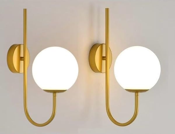 Hardwired Modern Gold Wall Sconces Set of 2, Gooseneck Design with 6" Glass Globe Shades, G9 3000K Warm White Bulbs INCLUDED, 16" Height Metal Wall Lamps for Bedroom, Living Room, Hallway, Vanity by TEEM - Used condition - US$15.92