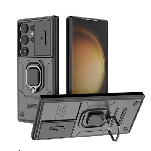 SORAKA Case for Samsung Galaxy S24 Ultra with Ring Holder and Slide Camera Cover Samsung Galaxy S24 Ultra Case with Metal Plate for Magnetic Car Mount Double-Layer Protective case in PC and TPU Black