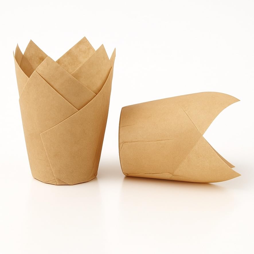 The Baked Studio Tulip Cupcake Liners – 50 Pack | Elegant Muffin & Cupcake Cases | Non-Stick, Oven-Safe, Food Grade Paper | Ideal for Weddings, Parties & Baking Professionals (Kraft Brown)