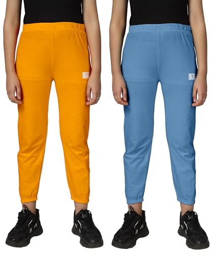 Image of KYDA KIDS Girls Mid Rise 100% Pure Cotton Track Pants | Regular Fit Elastic Waist Casual Wear | Soft Comfortable Kids Trousers (Pack of 2)