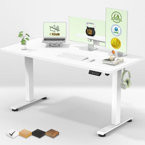Veken 55 Inch Large Electric Standing Desk,Sit to Stand Up, Heights Adjustable, Work Home Office Computer Table for Study, Walking Pad, Writing, and Games, Wooden Desktop Desks, White