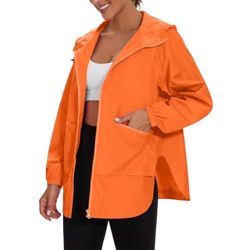 PESION Womens Waterproof Raincoat Lightweight Rain Jacket Trench Coat Hooded Windbreaker With Pockets for Outdoor Flame XX-Large