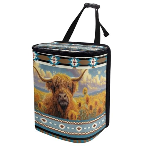 Image of Talayituse Aztec Highland Cattle American Tribal Print Car Trash Can, Auto Garbage Bin with Adjustable Straps, Foldable Car Trash Bin Hanging Storage Organizer Bag Container for Camping Picnic