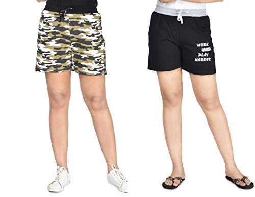 Image of Club A9 Women's Cotton Printed Shorts | Short Pants | Hot Pants (Pack of 2) (L, Brown Camo Print, Black)
