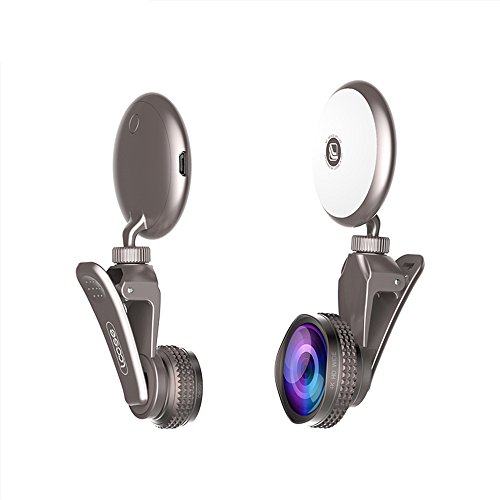 Flash LED Selfie RK19 con lente ojo de pez y gran angular gris para iluminación móvil