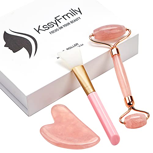 ï»¿Jade Roller and Gua Sha Set,KssyFmily 3 in 1 Face Roller Skin Care Tool,Rose Quartz Roller Massager, Beauty Jade Facial Roller for Face, Eyes, Neck, Body, Fine Lines, Wrinkles, with Face Brush (Pink)