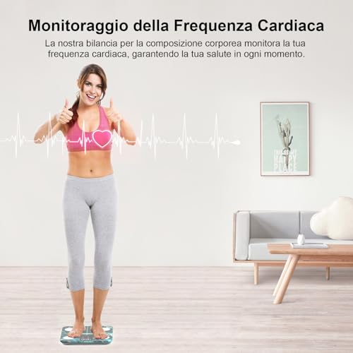 Bilancia per il grasso corporeo, bilancia per persone con grasso corporeo e massa muscolare, 15 dati del corpo con analisi del grasso corporeo, bilancia intelligente con app, ampio display, verde - Immagine 5