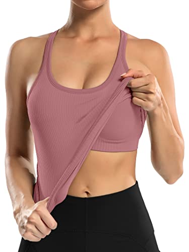 Image of ATTRACO Ribflex Ribbed Workout Tank Tops for Women with Built in Bra Racerback Scoop Neck Athletic Top