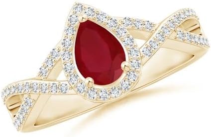 925 Sterling Silver Pear 6x4mm Red Ruby Gemstone Halo White Accents Crossover Women Designer Ring – Engagement Wedding Ring for Her