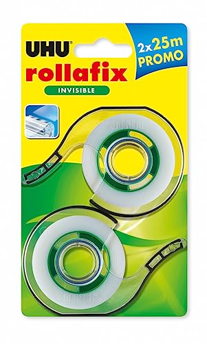 UHU Rollafix Invisible Adhesive Tape, Invisible, Clear, Solvent-Free, Pack of 2 Dispensers with Refill 25 m x 19 mm